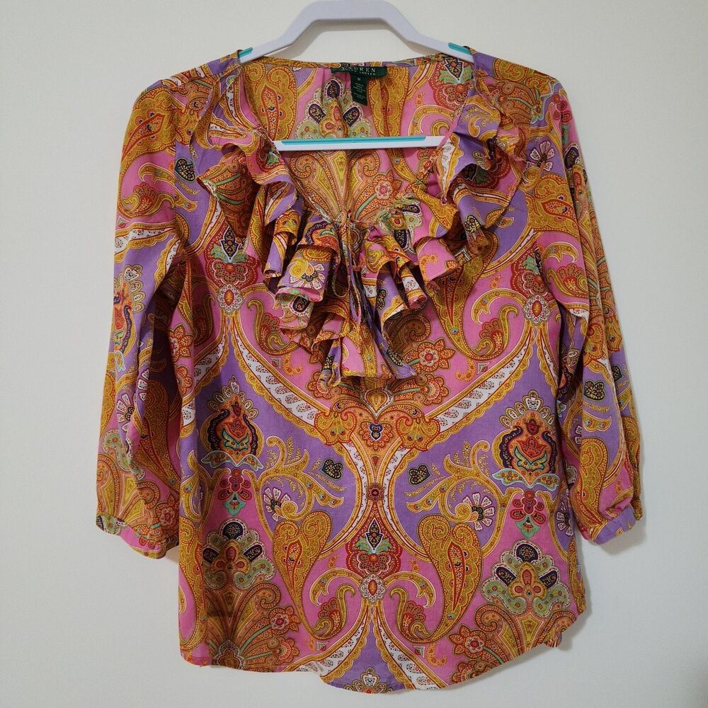 Lauren Ralph Lauren Women's Cotton Paisley Ruffle Blouse 3/4 Sleeve Size M